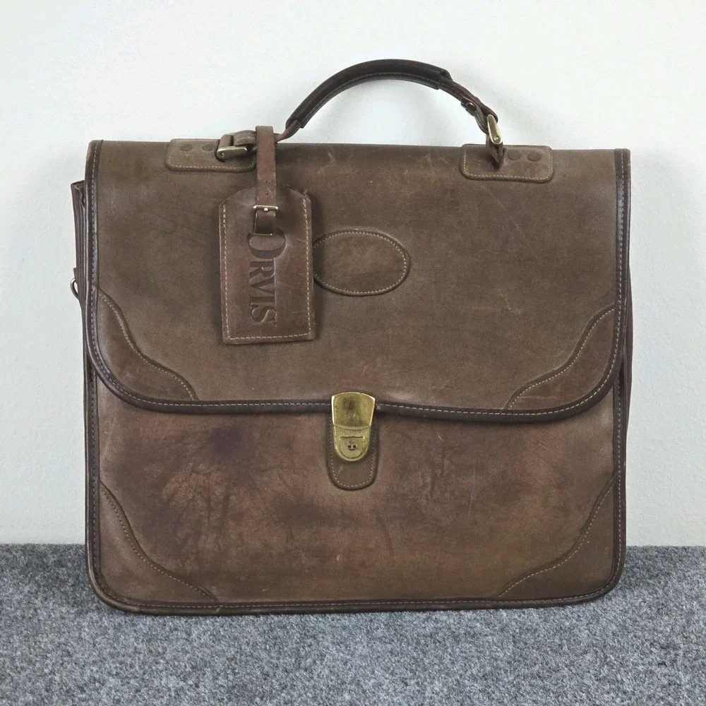Orvis Vintage Leather‎ Briefcase USA Brown Rawhide Messenger Bag 16x13 Strap